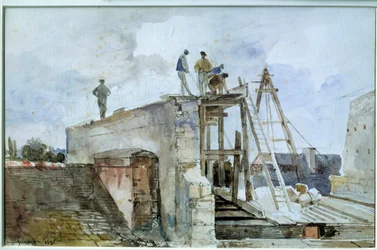 Budowa domu w budowie widziana z okna Granet w Instytucie. Akwarela autorstwa Francois Mariusa Graneta (1775-1849). 19 wiek. Ciemny. 0,25x0,38m. Paryż, Luwr