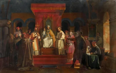 Papież Honoriusz II przyznający oficjalne uznanie templariuszom w 1128