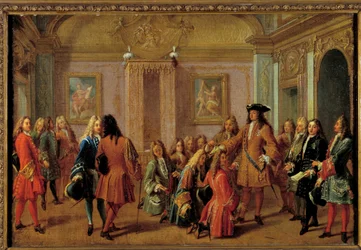 Pierwsza promocja rycerzy Zakonu Świętego Ludwika przez Ludwika XIV w Wersalu 8 maja 1693 r. Obraz Francois Marot (1666-1719) XVII w. Niedz. 51x0,76m.