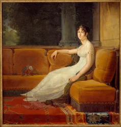 Portret cesarzowej Józefiny de Beauharnais (1763-1814) w jej salonie w Malmaison. Obraz François Gérarda (1770-1837), 1801. Słońce. 1,71x1,64 m. Malmaison, Musée du Château - Pełnopostaciowy portret cesarzowej Józefiny de Beauharnais (1763-1814) in t