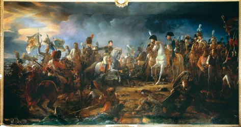 Bitwa pod Austerlitz 2/12/1805: generał Rapp prezentuje sztandary zdobyte na wrogu. Obraz François Gérarda (1770-1837), 1805. Niedz. 2,1x9,58 m.