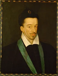 Henryk III, król Francji, niosący niebieską wstęgę Orderu Saint Esprit ...