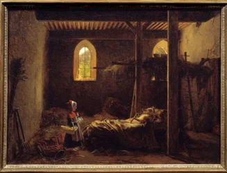 Czerwony Kapturek Ilustracja z bajki Charlesa Perraulta, Czerwony Kapturek przed wilkiem przebranym za babcię. Obraz Francois Richard Fleury (1777-1852) XIX w. Słońce. 0,35x0,47 m .