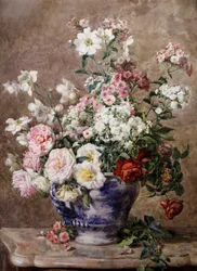 Martwa natura z anemonami i różami w niebiesko-białym wazonie. Obraz autorstwa Francois Rivoire (1842-1919) Kolekcja prywatna.