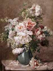 Martwa natura z piwonii i róż. Obraz autorstwa Francois Rivoire (1842-1919) Kolekcja prywatna.