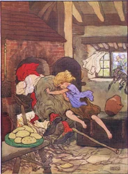 Małgosia szybko wepchnęła ją do piekarnika, z książki Jaś i Małgosia wydanej przez Blackie & Son Limited, ok.1940