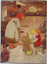 Jaś i Małgosia karmione przez Czarownicę, ilustracja z „Pięknej księgi rymowanek, opowieści i obrazków” Franka Adamsa, wydanej przez Blackie und Son