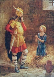Havelock prosi o miłosierdzie Godarda, z "Havelock the Dane", zilustrowane w "Opowiadaniach dla dzieci od poetów" przez M. Dorothy Belgrave i Hildę Hart.