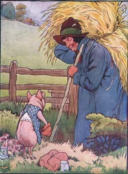 „Proszę pana”, powiedział, „czy dasz mi tę słomę do budowy domu?”, ilustracja z „Trzech małych świnek”, z lat 30. (kolor lito)