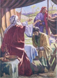 Jakub otrzymujący błogosławieństwo, z The Bible Picture Book, wyd. Thomas Nelson, ok. 1950 r. (litografia kolorowa)