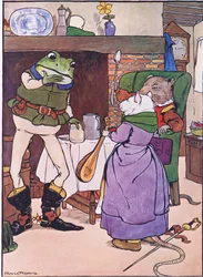 Módl się, Pani Myszka, czy dasz nam piosenkę, ilustrację z „The Frog would a Wooing Go”, Charlesa H. Bennetta, 1916