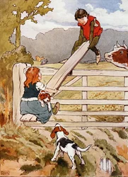 See-Saw Marjorie-Daw, ilustracja z "The Beautiful Book of Nursery Rhymes, Stories and Pictures", autorstwa Franka Adamsa, wydana przez Blackie & Son (litografia kolorowa)