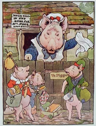 „Wyrzuciła je z domu, aby znaleźć sobie życie”, ilustracja z „Trzech małych świnek” z lat 30. (kolor litho)