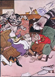 Kot i jej kocięta przyszedł tumbling w, ilustracja z "Żaba będzie Wooing Go", przez Charles H. Bennett, 1916