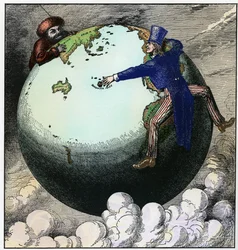 Wielki Kryzys: Wujek Sam i rosyjski przeciwnik walczący o kulę ziemską, ok. 1875 r. (rycina)