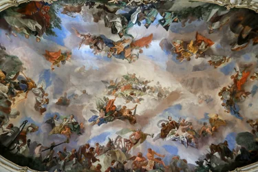 Fresk sufitowy w Wielkiej Galerii w pałacu Schönbrunn, Alegoria dobrobytu monarchii austriackiej, Wiedeń, Austria, 2024 r. (zdjęcie ilustracyjne)