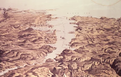 Panoramiczny widok na północną i południową stronę portu i portu w Sewastopolu, zaprojektowany i litografowany przez Thomasa Packera, wyd. autorstwa Stannarda i Dixona, 1855