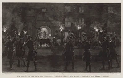 Przybycie cara i caricy do zamku Balmoral, Jej Wysokość wita swoich cesarskich Gości