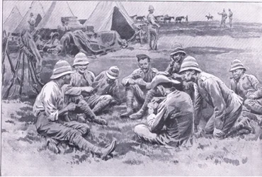 Zmęczeni żołnierze odpoczywający, z After Pretoria: The Guerilla War wydanego przez Harmsworth Bros Limited, 1901