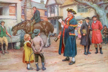 Wołacz miejski czytający wiadomości, ok. 1925 (sitodruk)