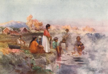 Nowa Zelandia: Maori Washing-day, Ohinemutu (kolorowa litografia)