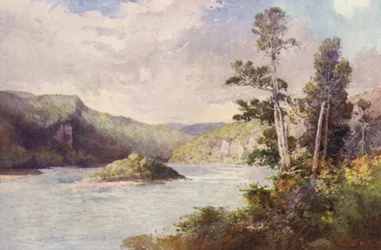 Nowa Zelandia: Białe Klify, Rzeka Buller (kolorowa litografia)