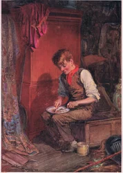 Kit zaniósł dużą kromkę chleba i mięsa do kąta i z wielką żarłocznością zabrał się do jej utylizacji, ok. 1920 r. (kolorowa litografia)