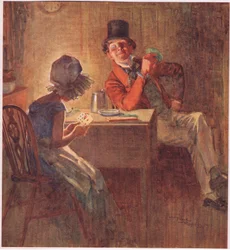 Marszandka trzymająca karty mocno w obu dłoniach, zastanawiająca się, którą zagrać, ok. 1920 r. (kolorowa litografia)