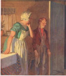 Dziecko pospieszyło do drzwi i zniknęło tak szybko, jak się pojawiło, ok. 1920 r. (kolorowa litografia)