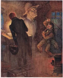 Karzeł rzucił gazetę, z której skandował cytowane wcześniej słowa, i chwycił żelazną sztabę, ok. 1920 r. (kolorowa litografia)