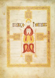 Lat 9389 f.18v Symbol Mateusza, „Imago Hominus, Lindisfarne, z Ewangeliarzu Echternach, c.700