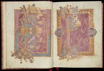 Ms McClean 30, ff.2v-3r: Początkowe strony obramowane liśćmi akantu, z Epistolarii Reichenau, koniec X w. (złoty tusz i tempera na pergaminie)