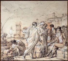 Negocjatorzy w dokach portu w Marsylii Rysunek Francois Andre Vincent (1746-1816) Muzeum Marynarki w Marsylii w XVIII wieku