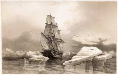 Corvette La Recherche w pobliżu Wyspy Niedźwiedziej, 7 sierpnia 1838, z Voyages en Scandinavia, 1852.