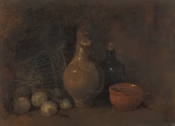Martwa natura z czterema owocami, szkłem i ceramiką