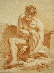 Siedzący akt z laską, płaskorzeźba z Puttim po lewej stronie, 1738