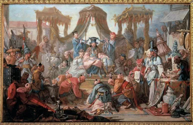 Audiencja cesarza Chin Poddani padają na twarz przed cesarzem. Obraz Francois Boucher