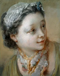 Portret młodej dziewczyny, długość biustu, z głową zwróconą w prawo,