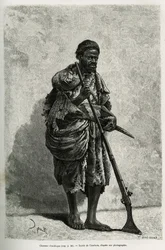 Łowca antylop. Grawerowanie Courboina, dla zilustrowania algierskiej Sahary, autorstwa V. Largeau, w latach 1874-1878, opublikowane w Tour du monde, pod kierunkiem Edouarda Chartona (1807-1890)