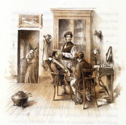 Fryzjer. Ilustracja „”Profil grisette”””nowa należącego do kolekcji „”Mimi de Pinson”” autorstwa Alfreda de Musseta