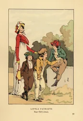 Chłopcy w marynarkach i bryczesach z Merveilleuse w rzymskiej szacie z czepkiem i kurtką spencer. Mali Patrioci, Rok VIII