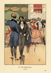Fircyki w surdutach z połami, kamizelkach, obcisłych spodniach i białych pończochach. Za nimi osoby w kostiumach i maskach. Na balu operowym 1835. Ręcznie kolorowana litografia R. V. według ilustracji François Courboina z Fashion in Paris Octave