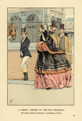 Kobieta w futrzanej pelerynie i mufce na szerokiej krynolinie, z inną kobietą w stroju jeździeckim. Elegancki zakątek rue de Richelieu, magazyn Kompanii Wschodnioindyjskiej, Paryż