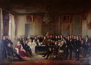 Francois Andrieux (1759-1833) czytający swoją tragedię "Junius Brutus" we foyer Comedie Francaise, 26 maja 1828, 1847 (zob. też 216913)