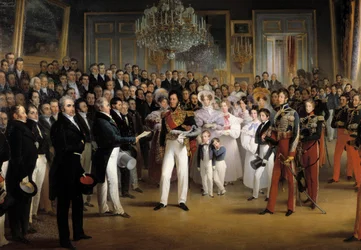 Rewolucja 1830 r.: „Izba Deputowanych przedstawia księciu Orleanu Ludwikowi Filipowi I (1773-1850) akt powołujący go na tron i Kartę z 1830 r. w Pałacu Królewskim w dniu 7.08. 1830”” Szczegół. Obraz Francois Joseph Heim (1787-18
