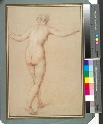 Stojąca naga kobieta widziana od tyłu, ok. 1722 r. (czerwona, czarno-biała kreda na papierze)