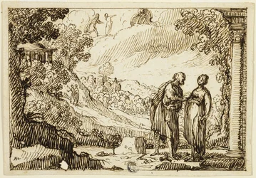 Niezidentyfikowana scena mitologiczna z mężczyzną i kobietą rozmawiającymi w klasycznym krajobrazie