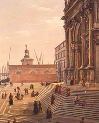 Schody prowadzące do Bazyliki Matki Bożej Zdrowia (Basilica di Santa Maria della Salute) w Wenecji, autorstwa Fransa Vervloeta (1795-1872), Włochy