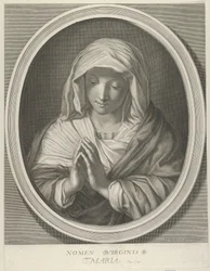 Modląca się Dziewica spoglądająca w dół, w owalnej ramie, według Reni, 1640-93.
