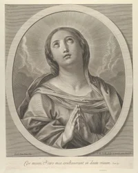 Dziewica w modlitwie, patrząca w górę z chmurami za sobą, w owalnej ramie, według Reni, ..., 1648-81.